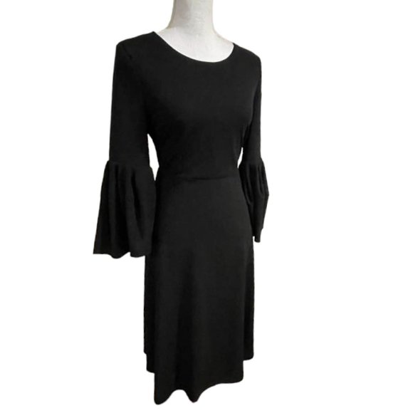 Flattering A-line Midi Little Black Dress with Flouncy Sleeves - Picture 8 of 16